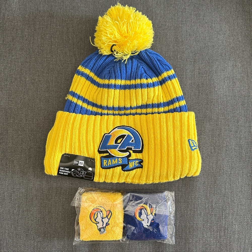 LOS ANGELES RAMS Pom Beanie by NEW ERA and Wrist Sweat Bands. Yellow & Blue